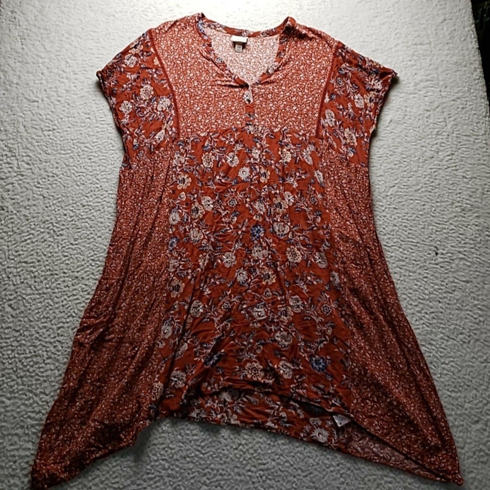 Knox Rose Blouse Womens XXL Orange Henley Short Cap Sleeve Floral Tunic Top